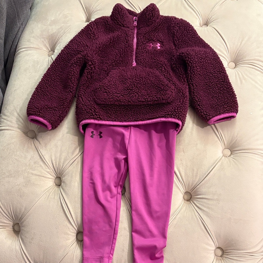 Under Armour Girls Burgundy Sherpa Pullover & Pink Leggings Set